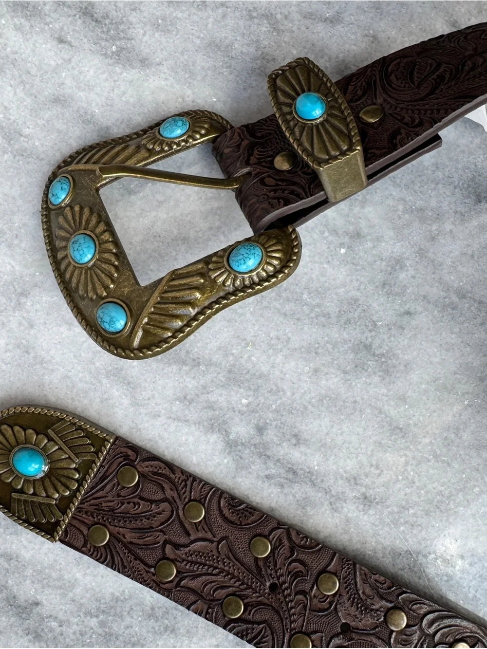 Western Tooled Brown Belt with Brass and Turquoise Buckle Accents